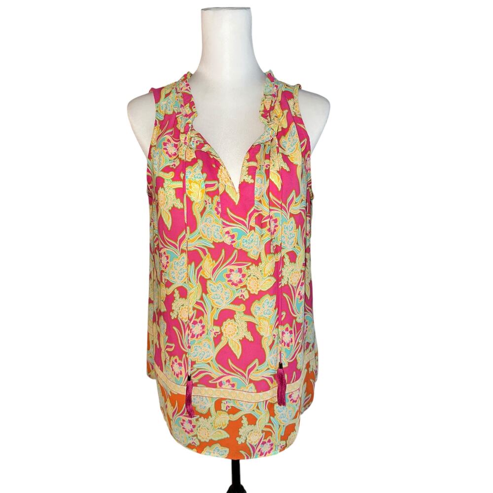Rose + Olive Sleeveless Top Pink Blue Yellow Medium